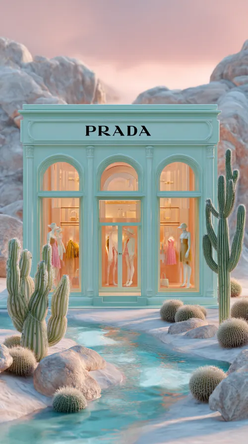 Фасад магазина Prada с манекенами на фоне пустынного ландшафта