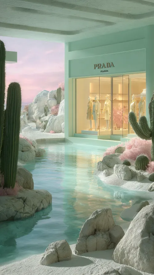 Tienda de Prada en medio de un paisaje natural con vegetación y agua