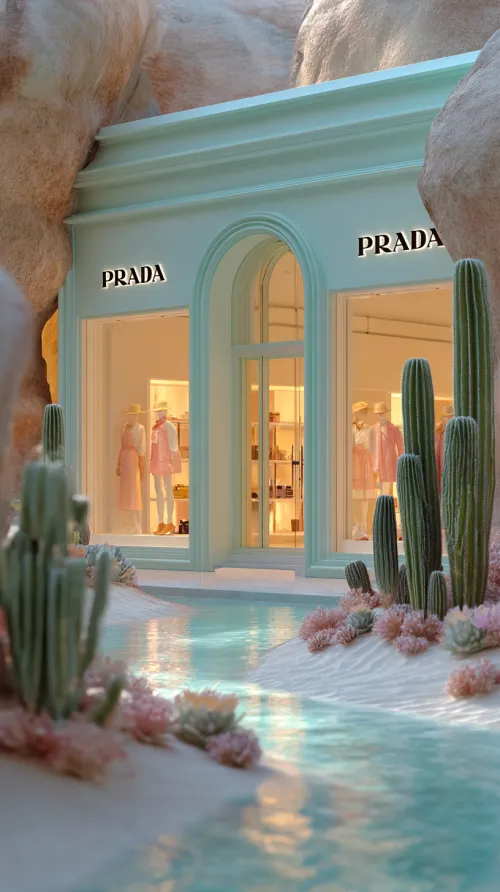 Elegant Prada Store Among Natural Elements and Plants