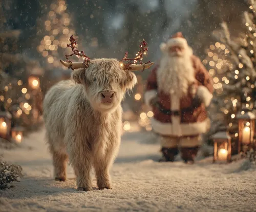 Vaca peluda con cuernos y Papá Noel sobre un fondo de luces festivas