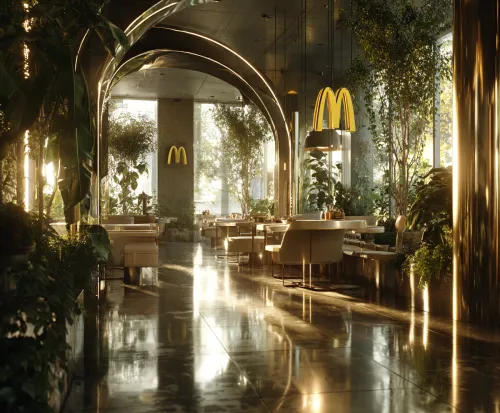 Элегантный ресторан McDonald's с растительностью и ярким освещением