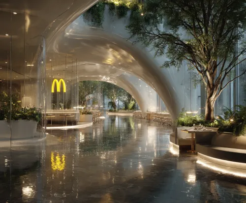 Интерьер ресторана McDonald's с уникальным дизайном и растениями