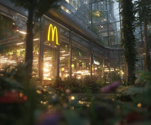 Кафе McDonald's с зелеными насаждениями и стеклянными стенами