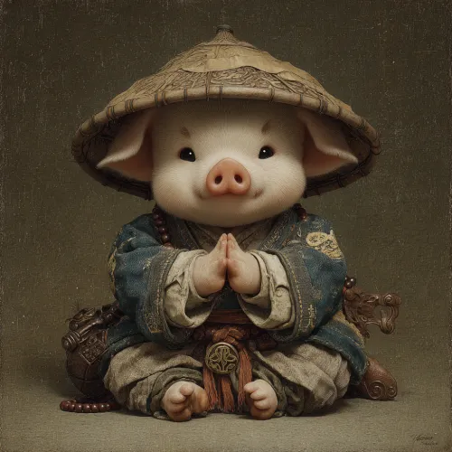 Charming piglet in traditional Eastern clothing with a hat