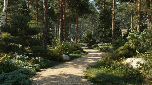 Тропа, окруженная зеленью и деревьями, в лесном пейзаже