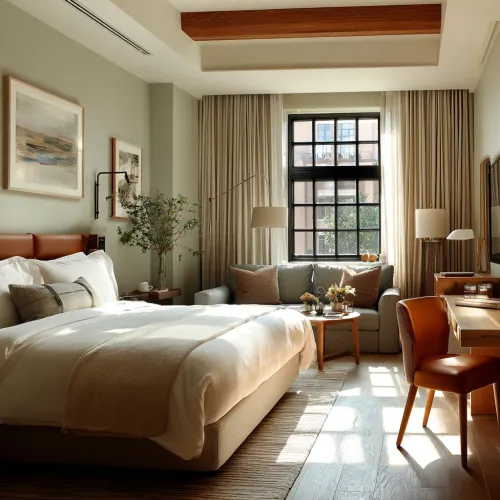 Bedroom with queen-size bed, sofa, and large windows