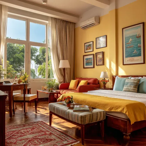 Room with bright walls, cozy furniture, and sunlight