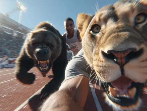 Runner Competing with a Bear and a Lion in a Stadium