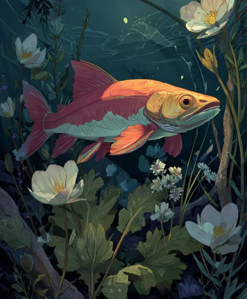 Illustration of a fish in an aquatic environment among water plants and flowers