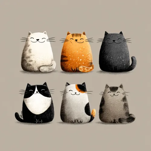 Six cats of different colors on a neutral background