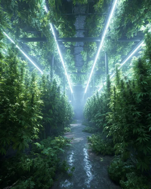 Cozy green cannabis plantation with bright lighting and tropical vegetation