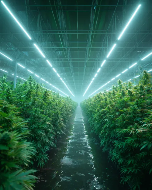 Plantas verdes en un invernadero bajo una luz brillante y una ligera neblina