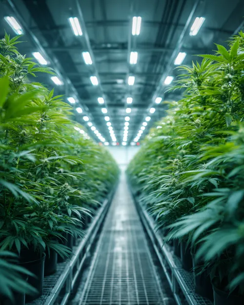 Green Hemp Plants in a Greenhouse Under Artificial Lighting
