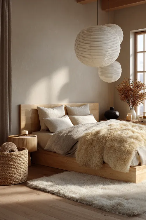 Bedroom interior with a wooden bed and soft textures