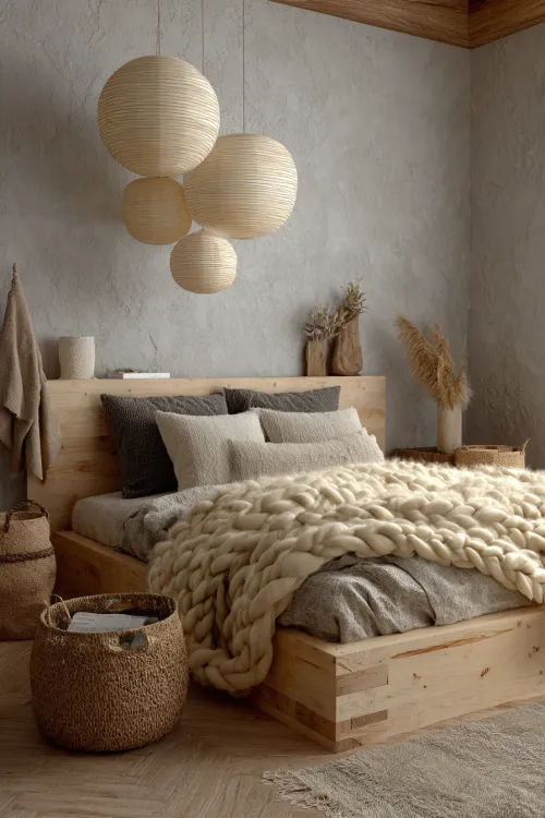 Stylish bedroom with wooden furniture and soft textures