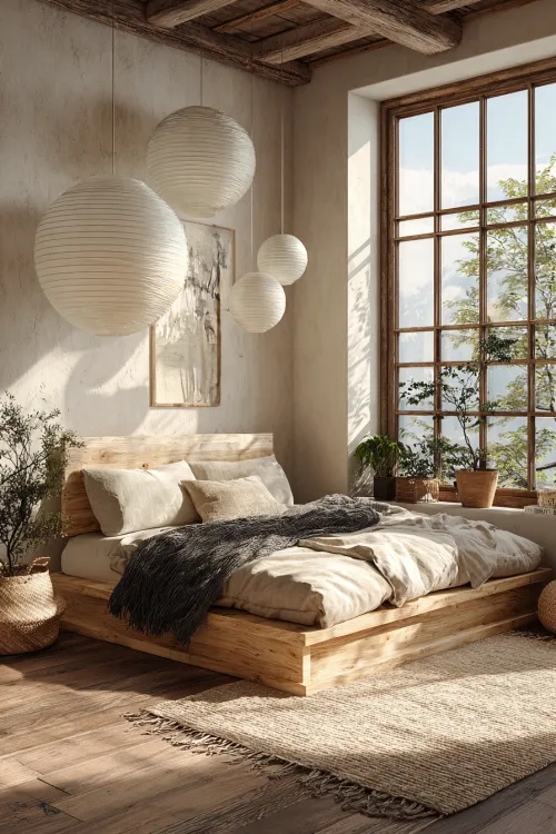 Cozy Bedroom with Wooden Bed, Textiles, and Hanging Lamps