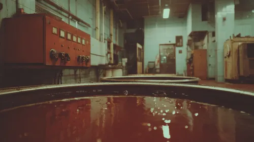 Factory interior featuring large tanks and an old control panel