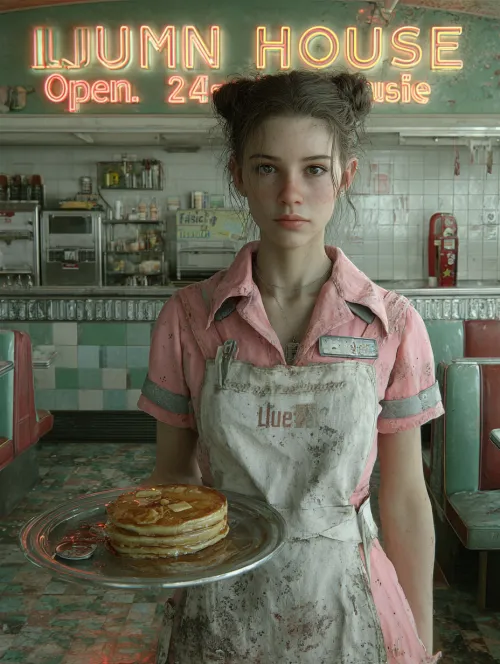 Joven camarera con uniforme sosteniendo pancakes en un café con un letrero de neón