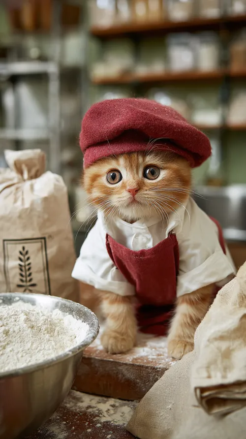 Encantador gato con un gorro rojo y harina en la cocina