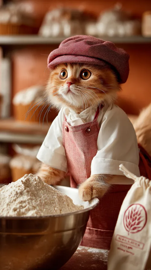 Cat in a chef's apron with flour, working in the kitchen