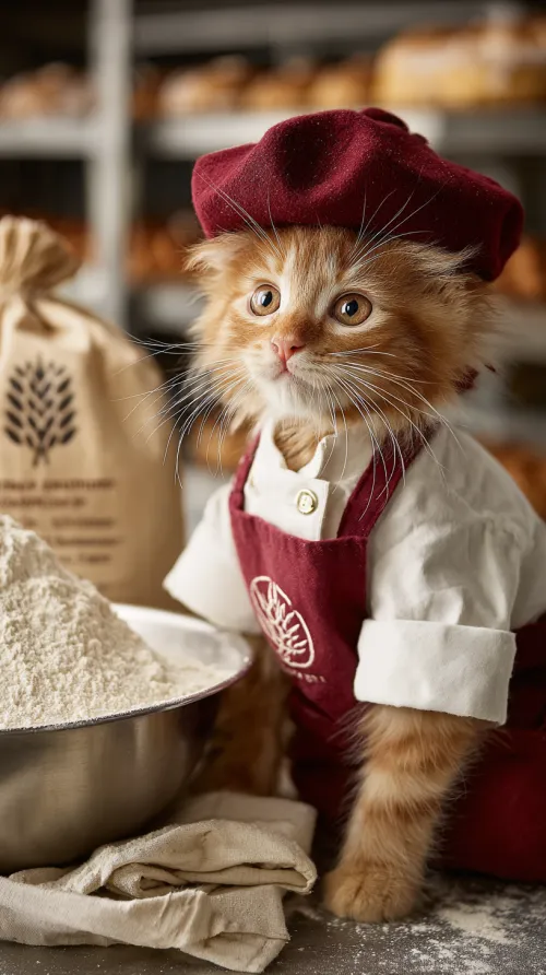Cat in a chef's outfit with flour in a culinary studio