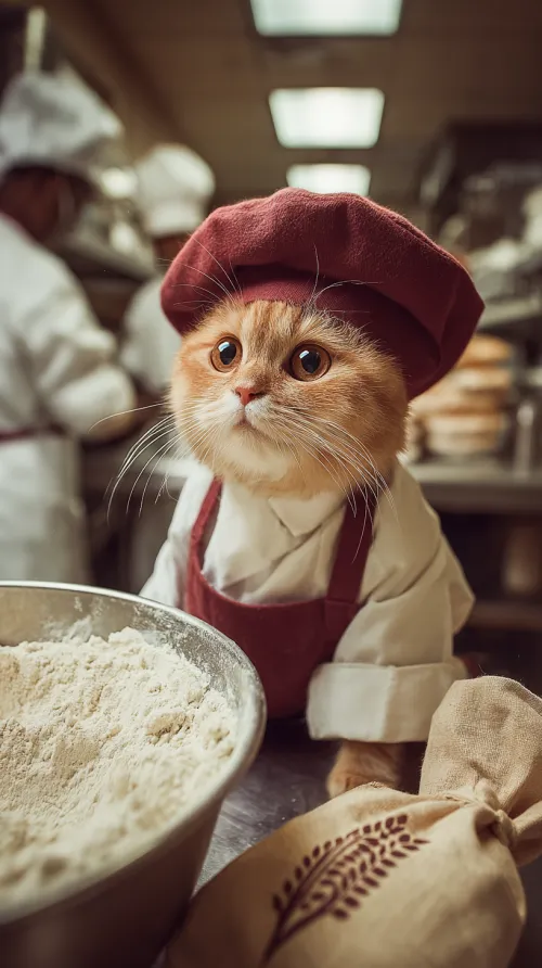 Cat in a chef's hat and apron in the pastry kitchen with flour