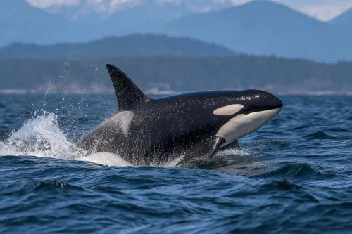 Orca jumping out of the water against a mountain landscape