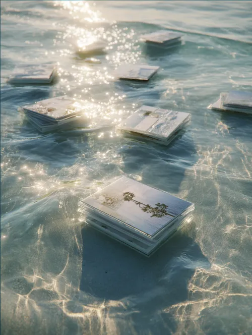 Photos floating on the transparent ocean surface under the sunlight
