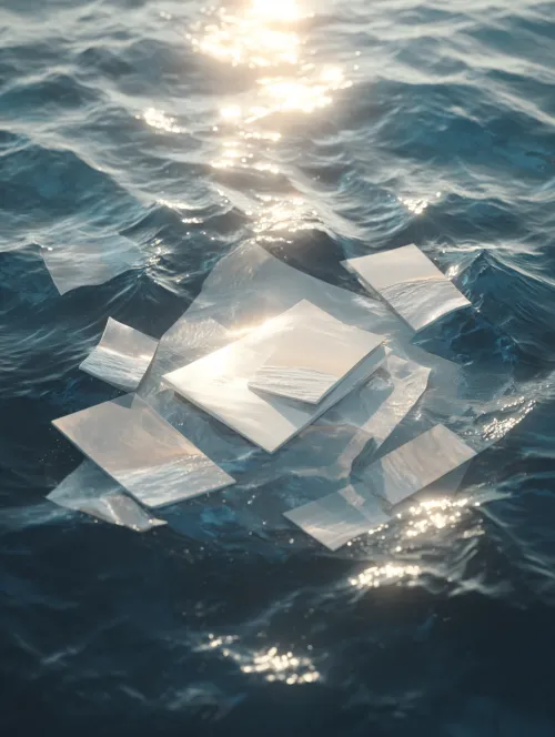 Hojas de papel transparentes flotan sobre el agua soleada en una luz inusual
