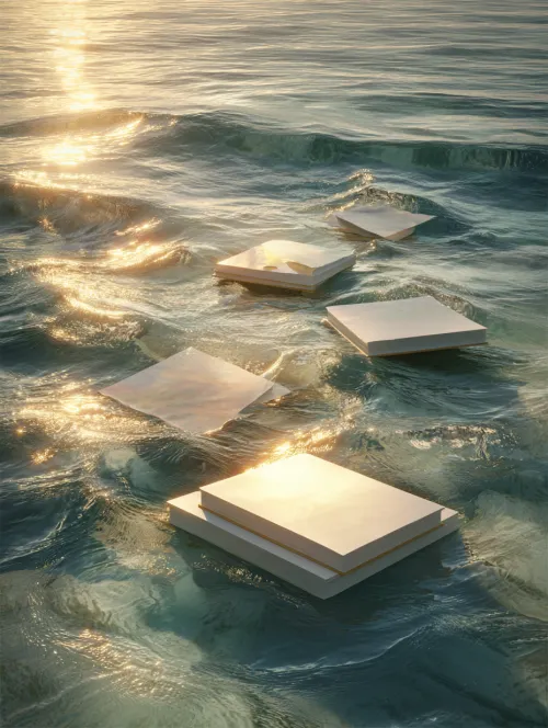 Image of books floating on water with the sun's reflection