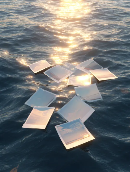 Photographs on the water with reflections of sunlight