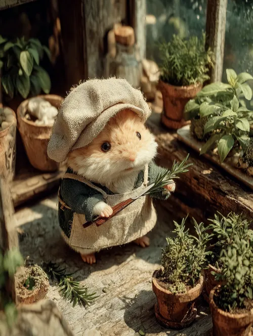 Hamster in a hat and apron taking care of plants in the garden