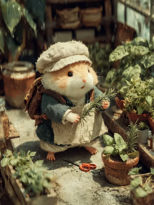 Hamster in a Hat with Herbs and Plants in the Garden