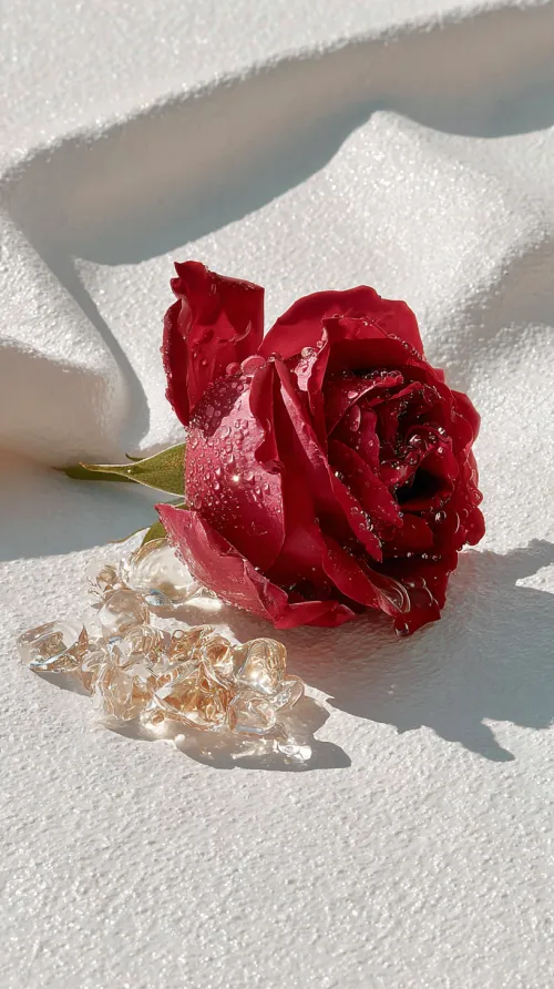 Rosa roja con gotas de agua y detalles transparentes sobre fondo blanco