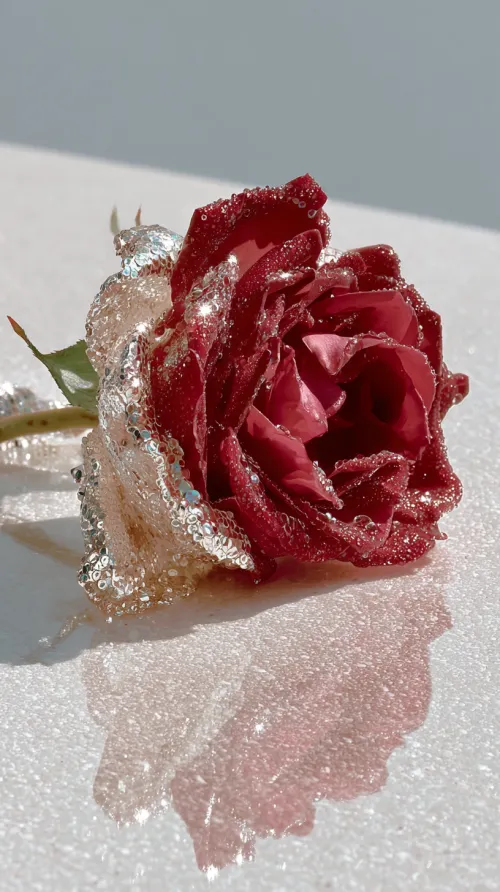 Romántica rosa roja con brillos y gotas de agua