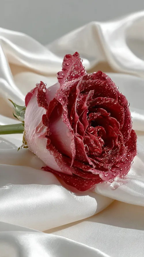 Hermosa rosa roja con gotas de agua sobre fondo blanco de tela satinada.