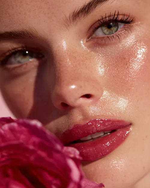 Female portrait with bright lips, radiant skin, and a rose flower
