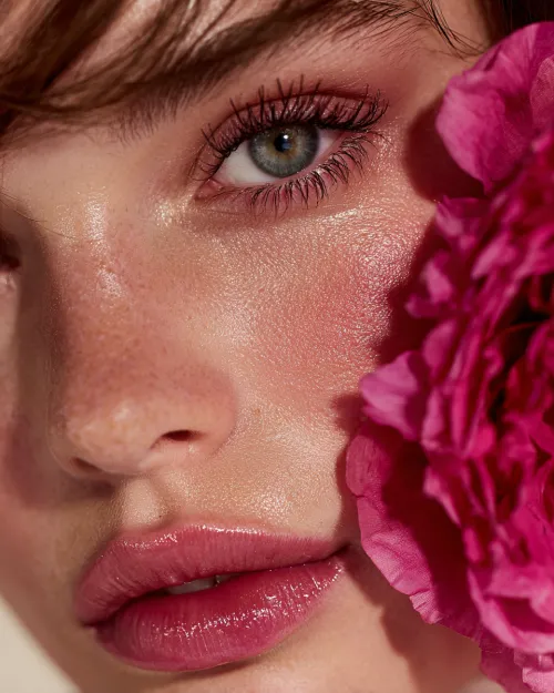 Retrato detallado con énfasis en el ojo y la flor