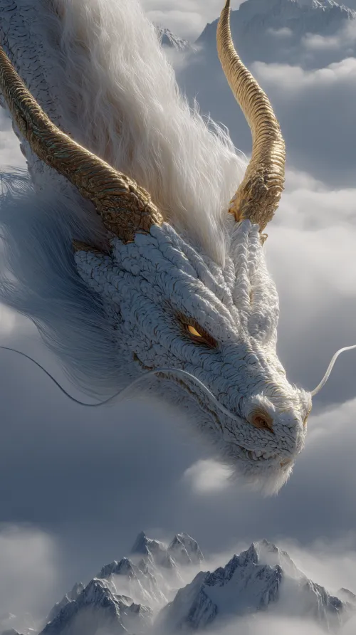 Snow Dragon Soaring Above the Clouds near Majestic Mountains