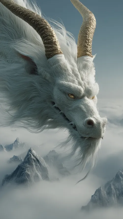 Image of a white dragon shining among mountain clouds