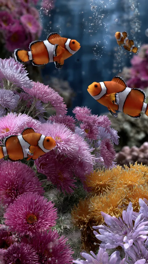 Peces payaso nadando entre coloridos corales y plantas marinas
