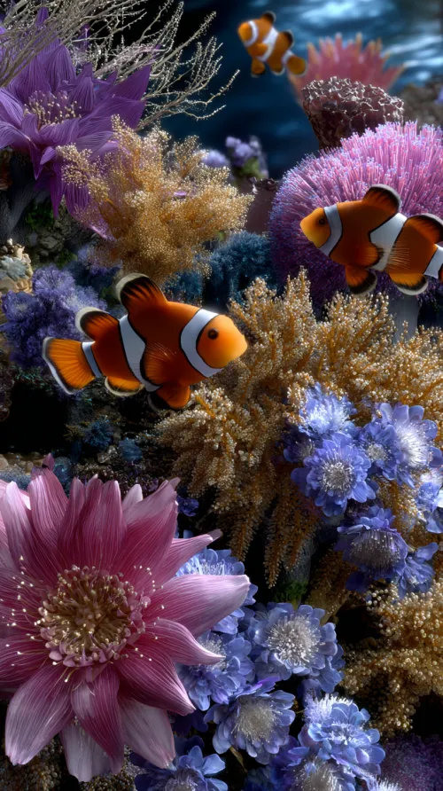 Escena submarina con brillantes peces payaso y diversos corales