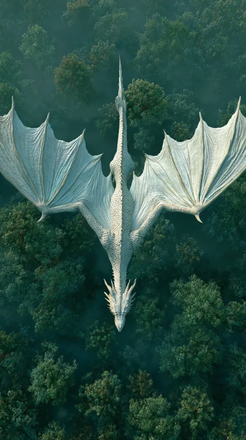 Dragón blanco volando sobre un denso bosque verde