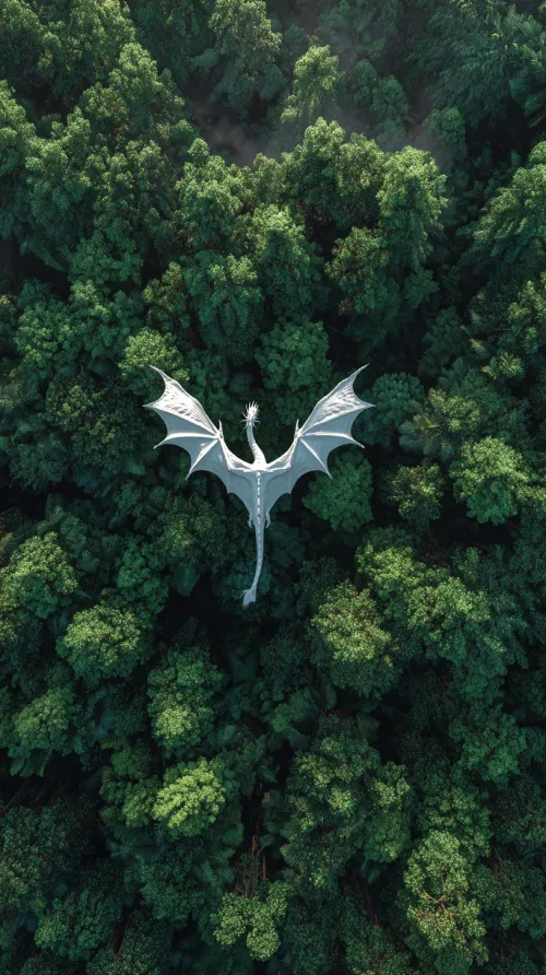 Image of a white dragon soaring above a dense forest