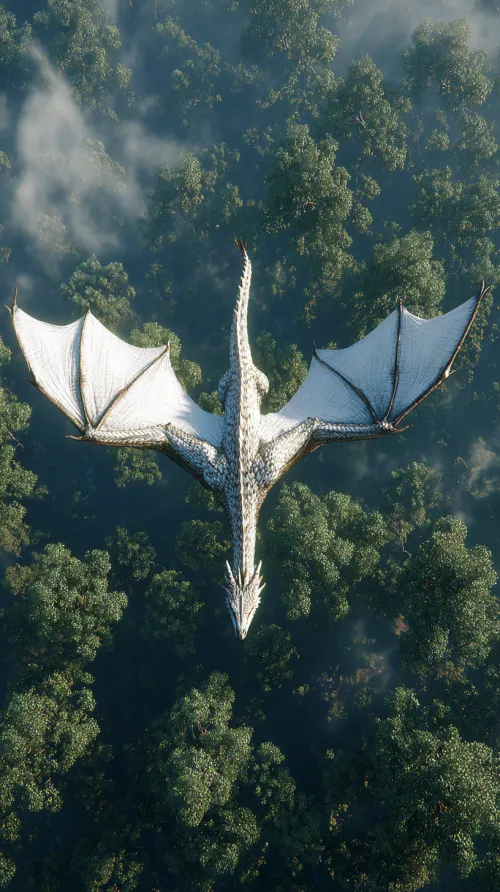 Aerial view of a dragon crossing the forested landscape