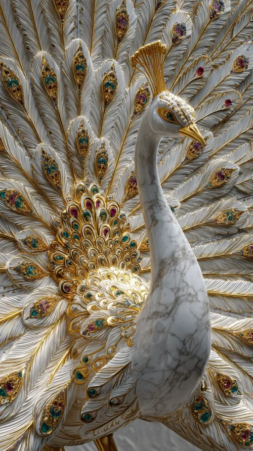 Elegant Peacock Made of Marble with Gold and Precious Inlays