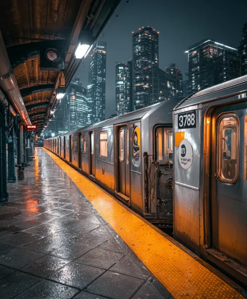 Imagen del metro nocturno contra un fondo de edificios iluminados de la ciudad