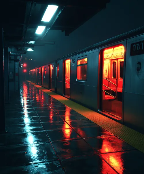 Estación de metro de noche con reflejos y una iluminación brillante