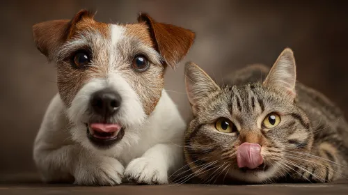 Perro y gato juntos contra un fondo de colores cálidos