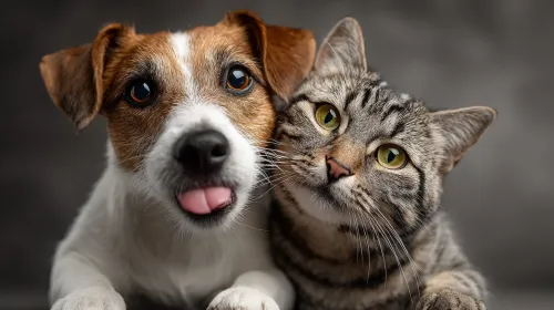 Portrait of a dog and cat posing together in the background